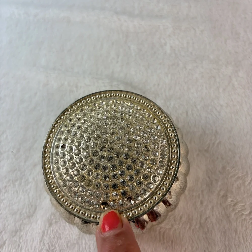 Vintage Silvertone Ribbed Round Trinket Box Rhinestone Lid Velvet Lined As Is